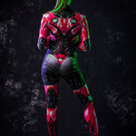 Rear view of a vibrant red android cosplay suit showing detailed patterns and a form-fitting silhouette for women.