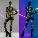 Back view collage of the Chinese Dragons UV Reactive Catsuit – strong feminine cut, glowing dragons design and full-body impact day or night.