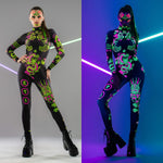 Side-by-side collage of front view with and without UV – Chinese Dragons Catsuit transforms from bold print to glowing neon magic.