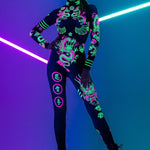 Front view of the Chinese Dragons UV Reactive Catsuit glowing under blacklight – full-length neon costume with fierce dragons pattern for bold rave looks.