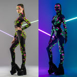 Side view collage of the Chinese Dragons Catsuit glowing in UV light and in natural tones – sleek silhouette and vibrant design.