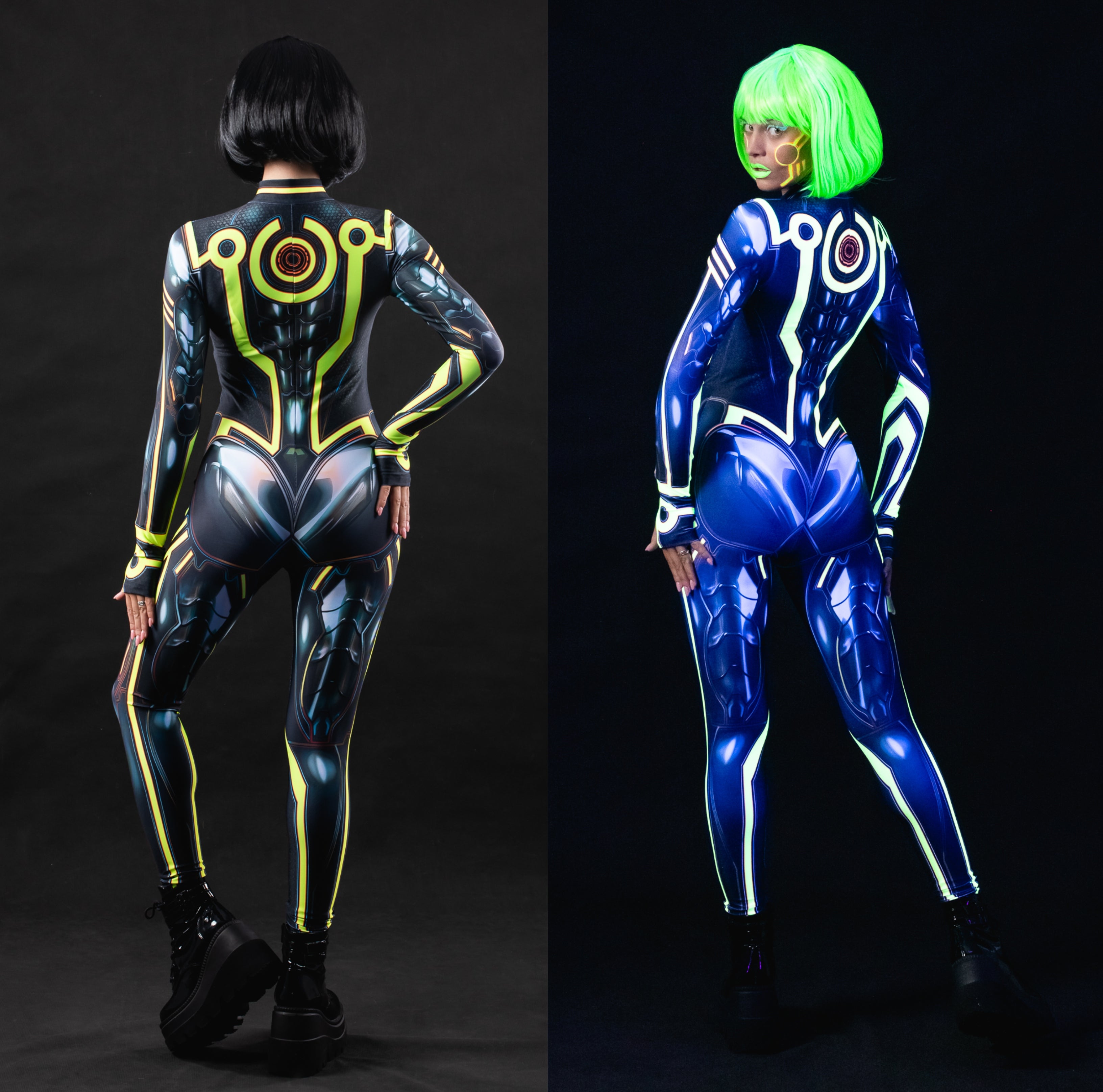 Back view collage with UV glow and natural light of Cyber Tron Catsuit – from behind, the design keeps its edge.