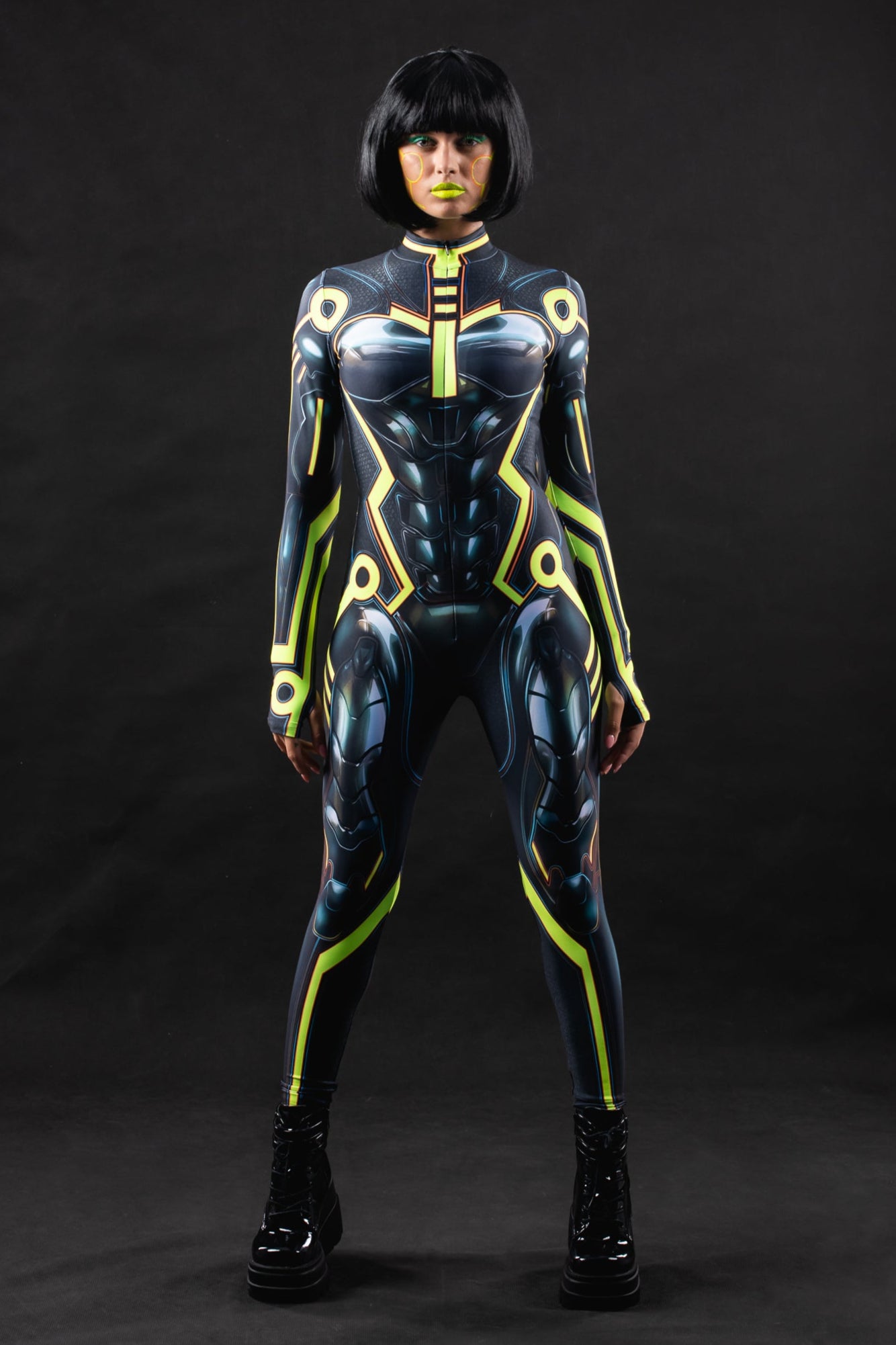 Front view of the Cyber Tron catsuit in daylight – clean lines and sci-fi inspired design without UV lighting.