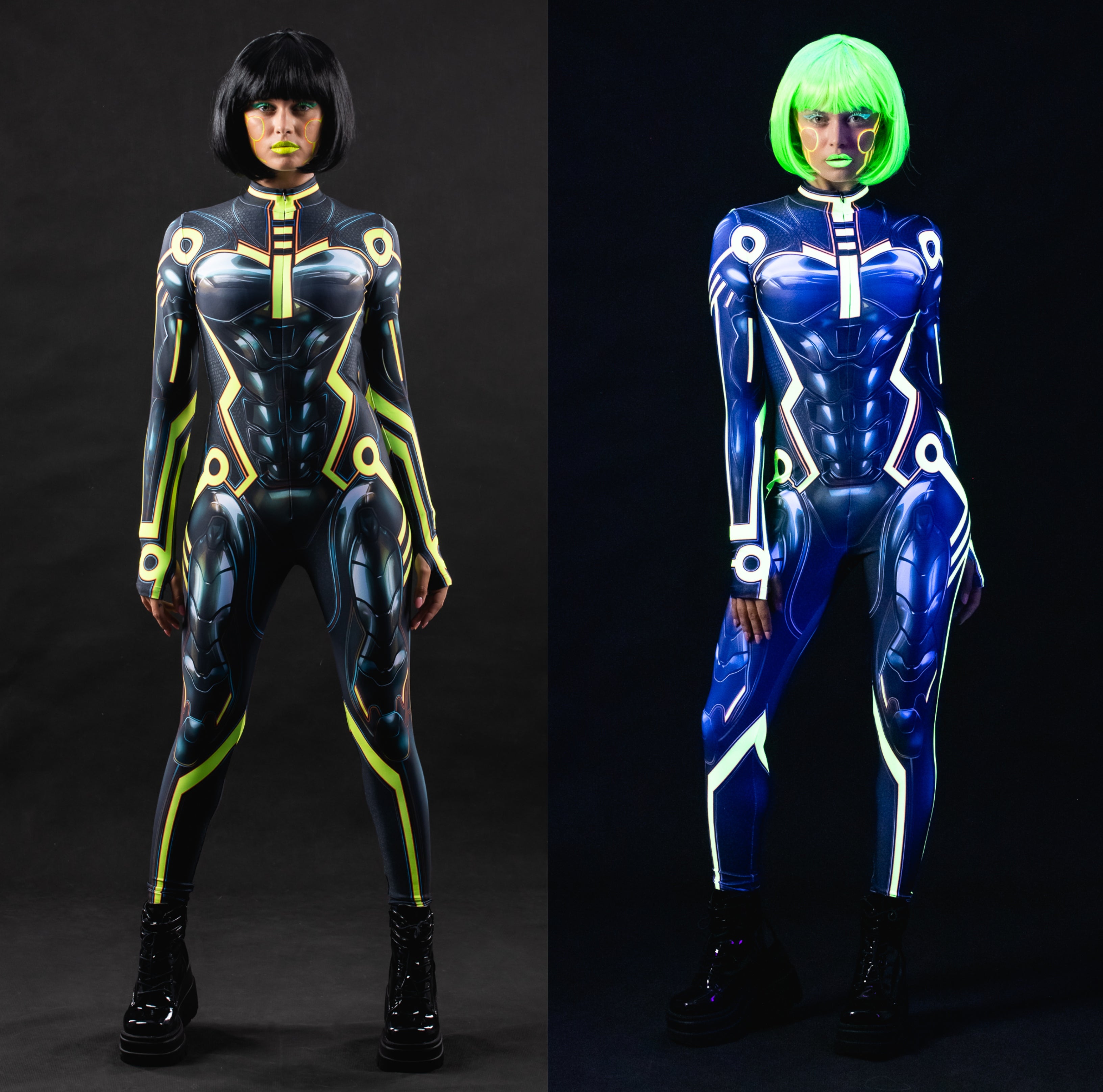 Side-by-side collage of UV and natural light views of the Cyber Tron Catsuit in a relaxed pose – highlighting color transformation.