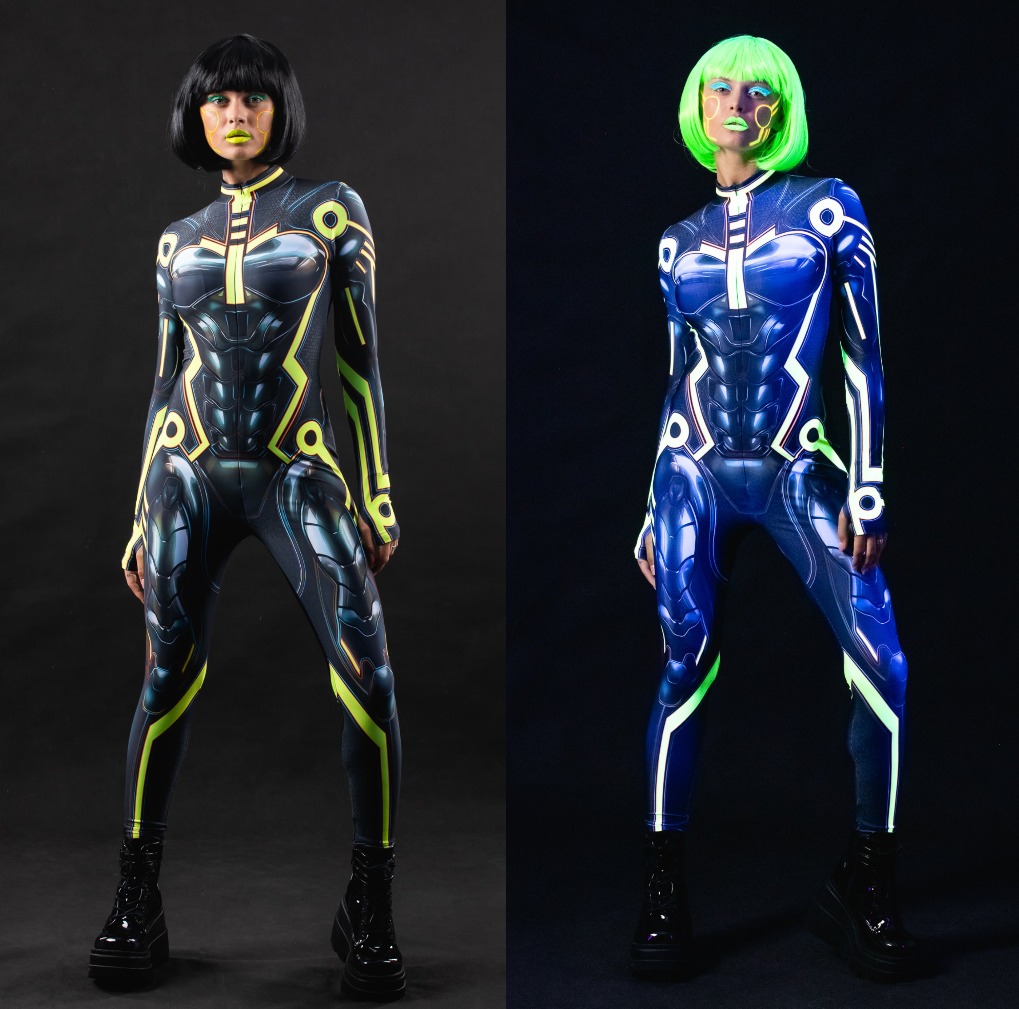 Collage showing UV and non-UV front views of the Cyber Tron catsuit in a confident power pose.