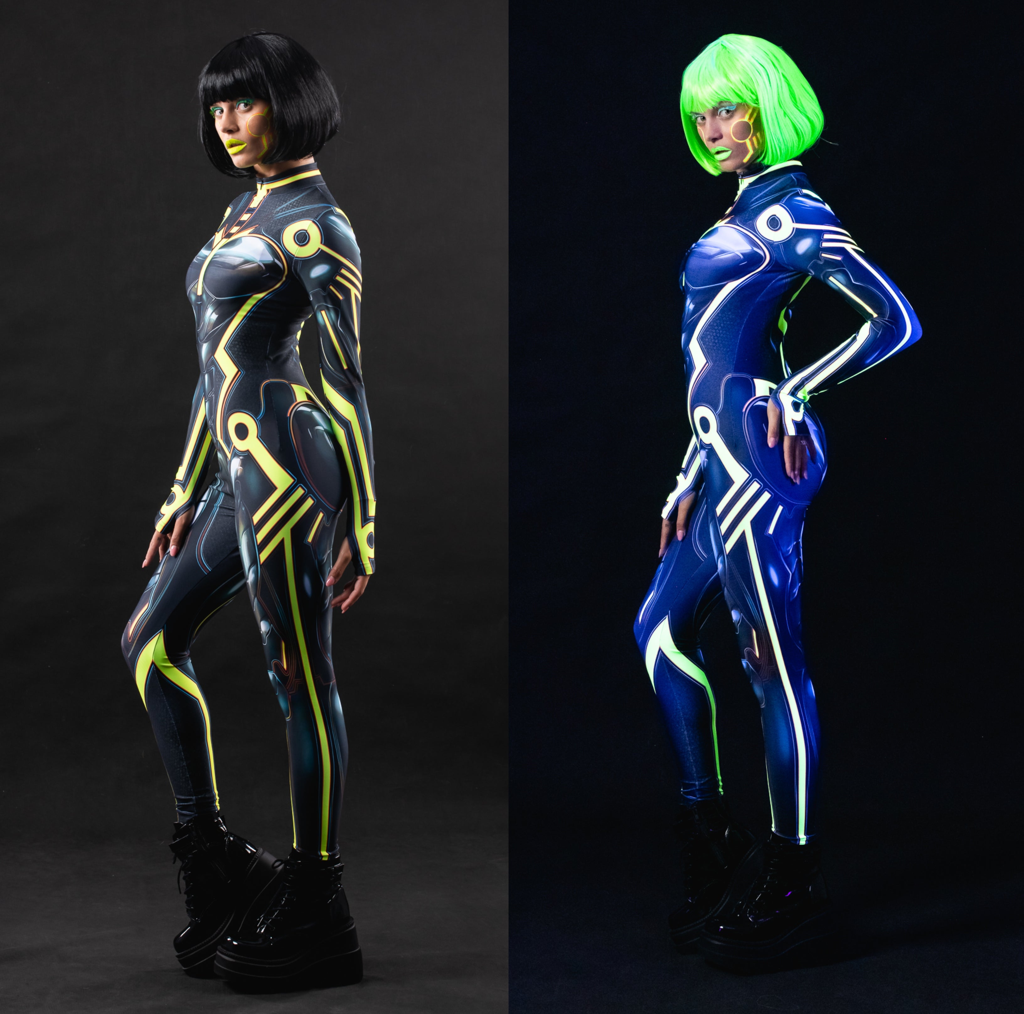 Side view collage of UV and non-UV looks of Cyber Tron Catsuit – shows curve-hugging silhouette and futuristic print.