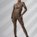 Full front view of MAJESTIC TRIBAL Tattoo Catsuit for Women – featuring bold tribal tattoo design and sleek silhouette.