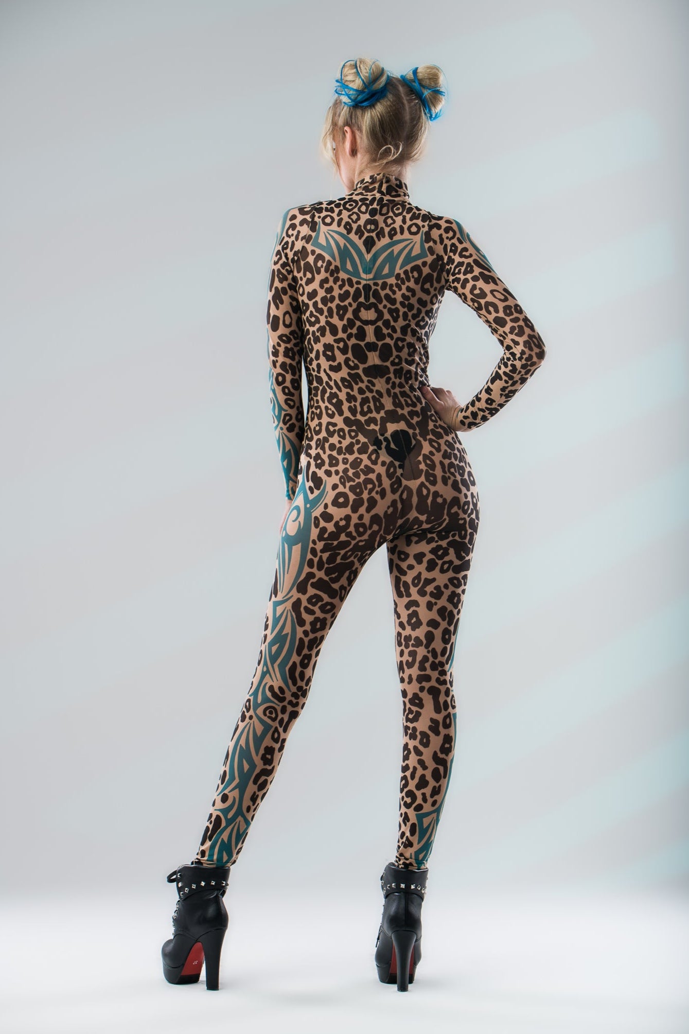 Full back view of LEOPARD SPOTS Tattoo Catsuit for Women – highlighting detailed leopard-print tattoo effect.