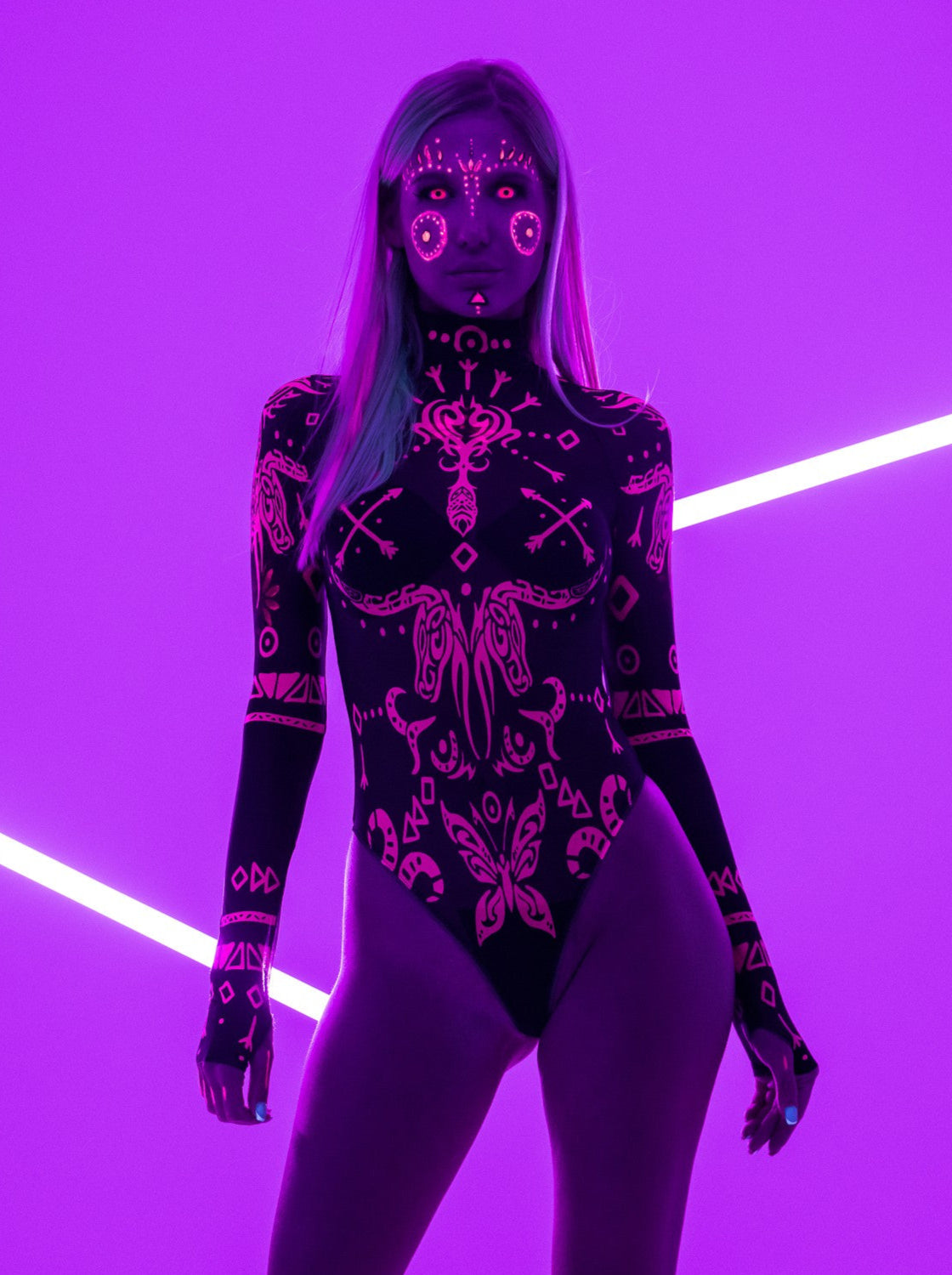 PINK TRIBAL Mesh Bodysuit UV Reactive Style Solo or Set