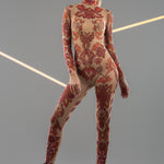 Front view of DUAL NEON VIBE Tattoo Catsuit – UV Reactive – worn alone, showcasing the neon pink and orange tattoo design.
