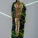 Front view of GREEN TRIBAL Tattoo Catsuit with mesh kimono overlay – combining tribal patterns with a layered look.