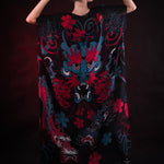 Woman posing in the Oriental Blossom costume, highlighting the detailed floral design and elegant fit, great for Halloween, cosplay, or as a unique festival outfit.