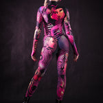 Close-up of the vibrant pink zebra print on the costume, showcasing a unique pattern perfect for a bold Halloween or festival look.