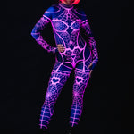 Pink Neon Spiderweb UV Reactive costume for women, featuring a vibrant spiderweb design that glows under UV light, perfect for Halloween, raves, or festivals.