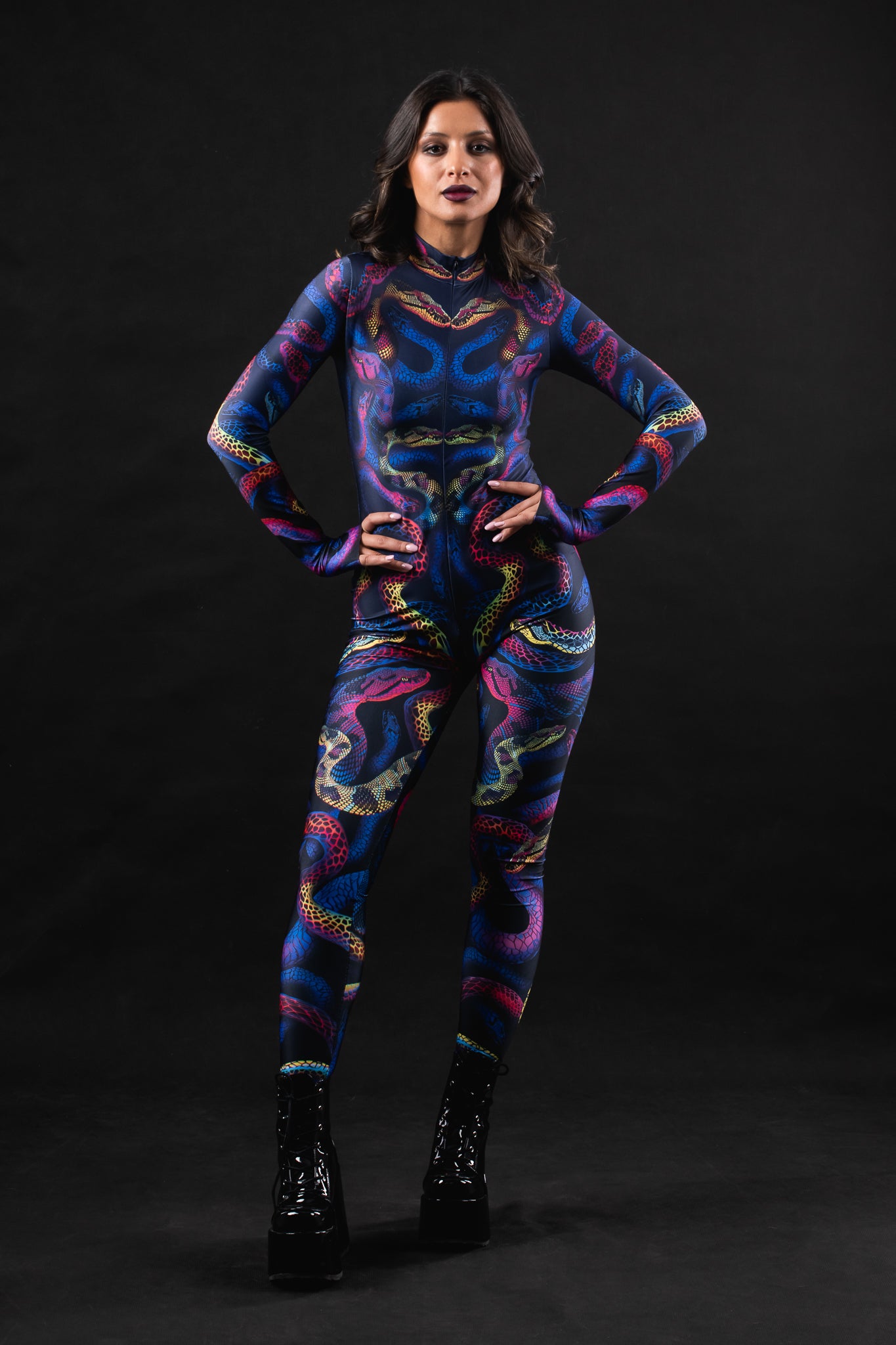 Snakes & Shades costume for women, featuring a bold snake print design with vibrant colors, perfect for Halloween, festivals, or themed parties.