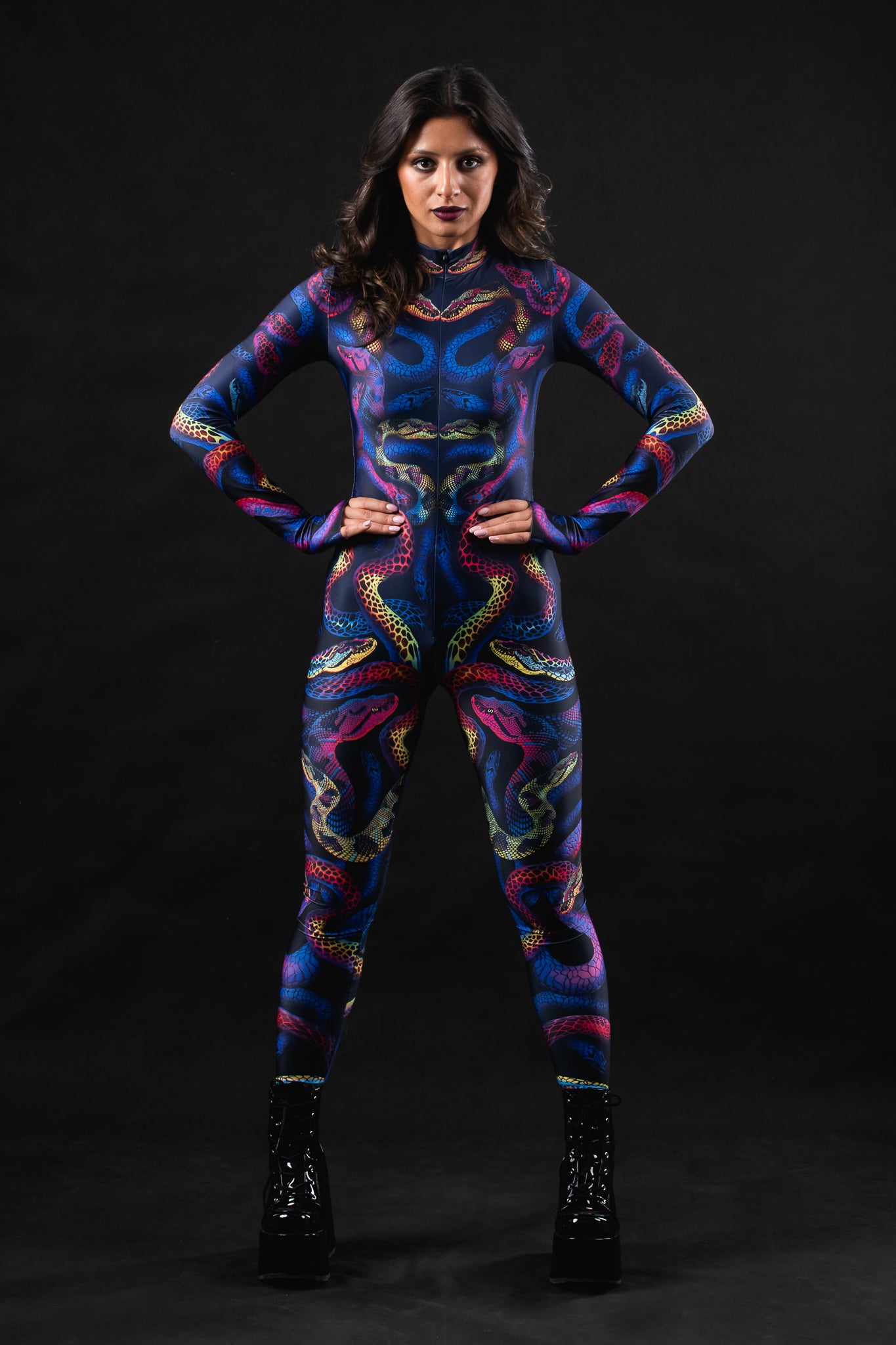 Snakes & Shades costume for women, featuring a bold snake print design with vibrant colors, perfect for Halloween, festivals, or themed parties.