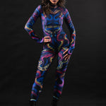 Woman posing in the Snakes & Shades costume, highlighting the bold snake print and colorful design, great for Halloween or as a unique festival outfit.