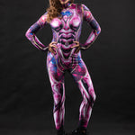 Pink Cyber Disco costume for women, featuring a futuristic full-body design with cyber-inspired details, ideal for Halloween, raves, or festivals.