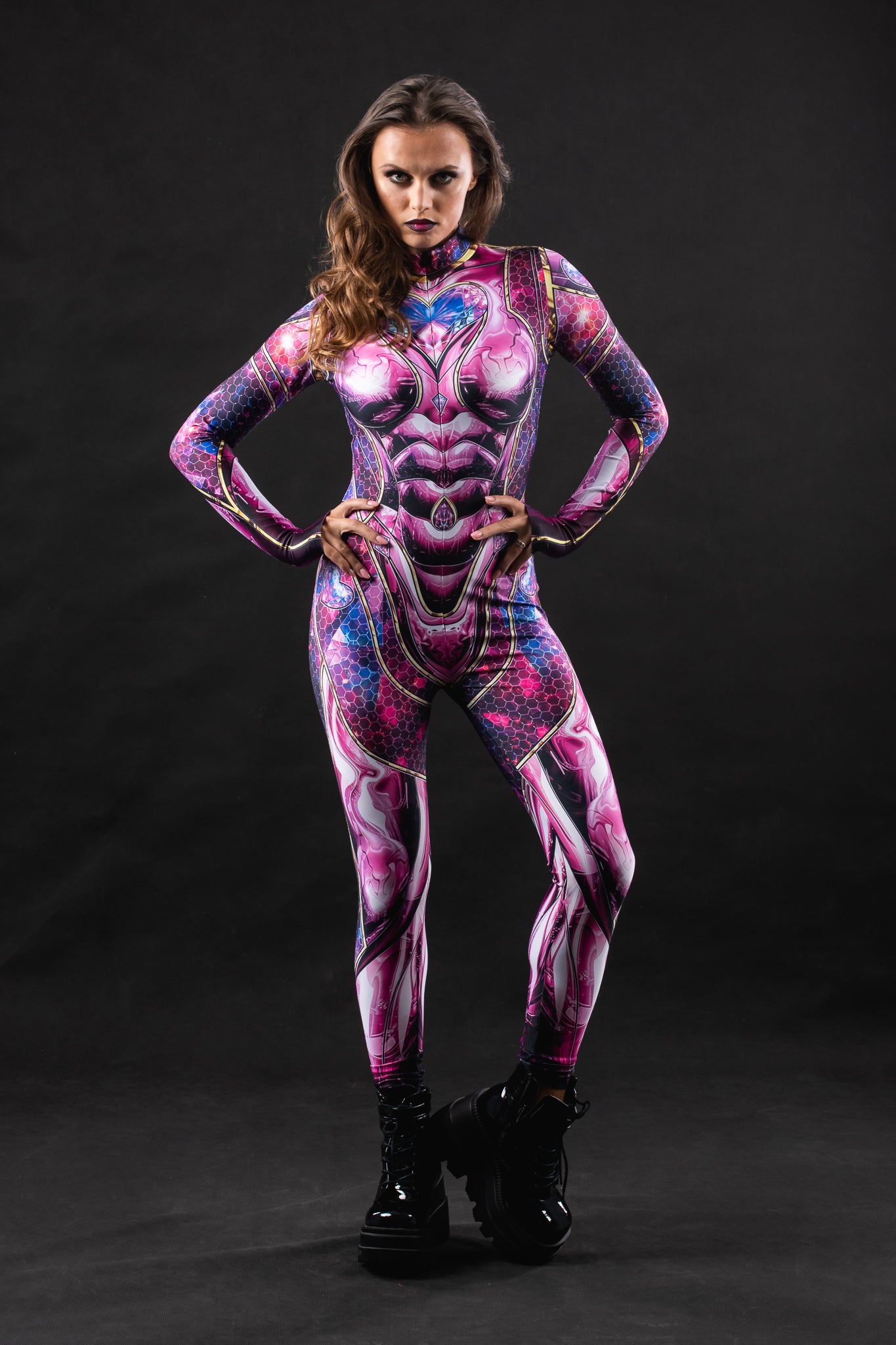 Pink Cyber Disco costume for women, featuring a futuristic full-body design with cyber-inspired details, ideal for Halloween, raves, or festivals.
