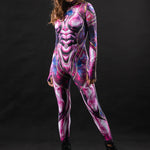 Woman wearing the Pink Cyber Disco costume, a full-body suit with disco-inspired cyber elements, perfect for Halloween parties or festival events.