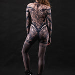 Close-up of the intricate lace detailing on the Lace Temptation costume, adding a seductive and elegant touch for Halloween or special occasions.