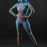 Space Lines UV Reactive costume for women, featuring a futuristic design with neon space line patterns that glow under UV light, perfect for festivals, raves, or Halloween.