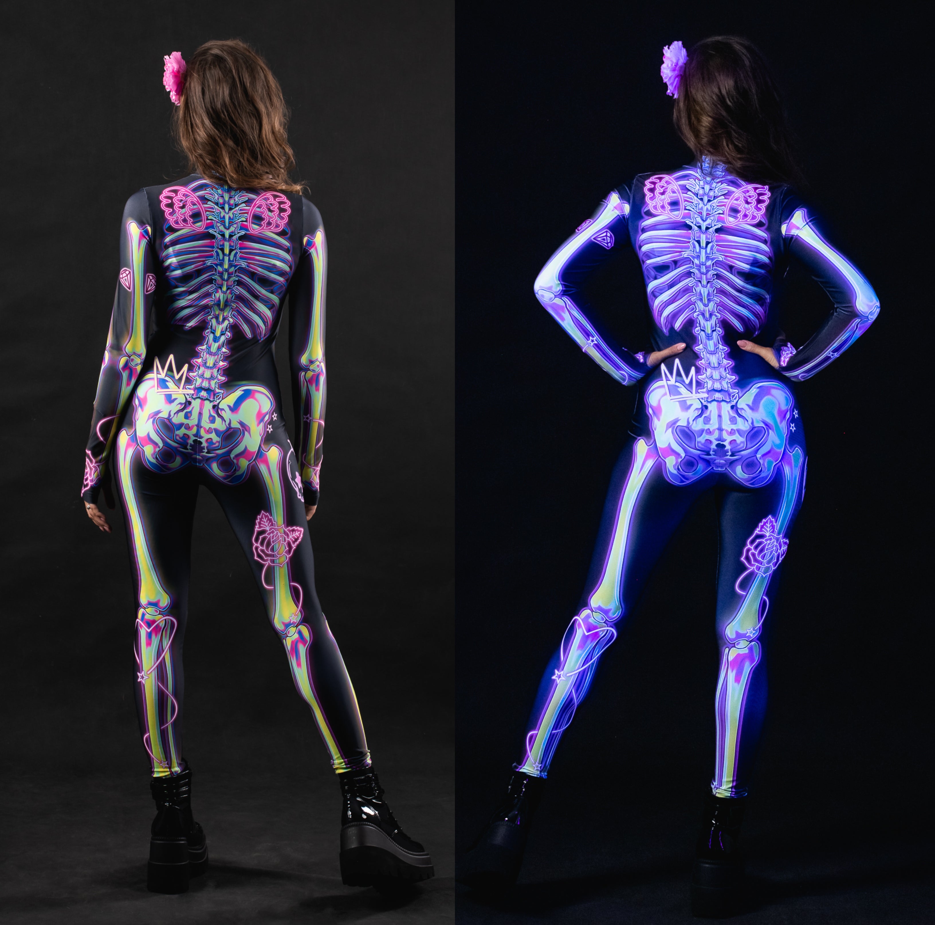 Close-up of the UV-reactive pink skeleton doodle design on the Halloween costume, glowing under UV light for a unique and bold look.