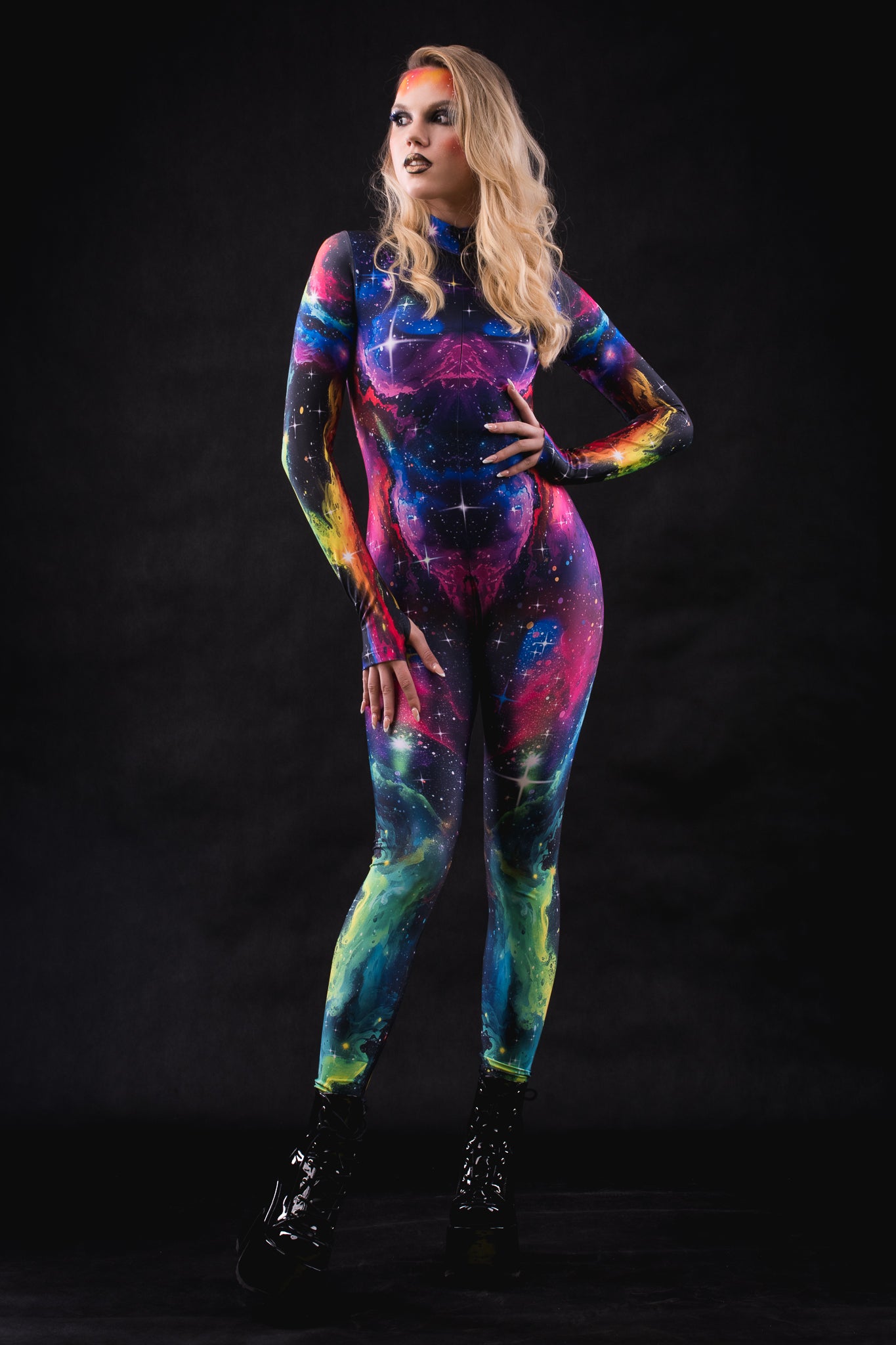 Galaxy Explorer costume front view with model looking sideways, highlighting the vibrant cosmic design and form-fitting fit for sci-fi cosplay.