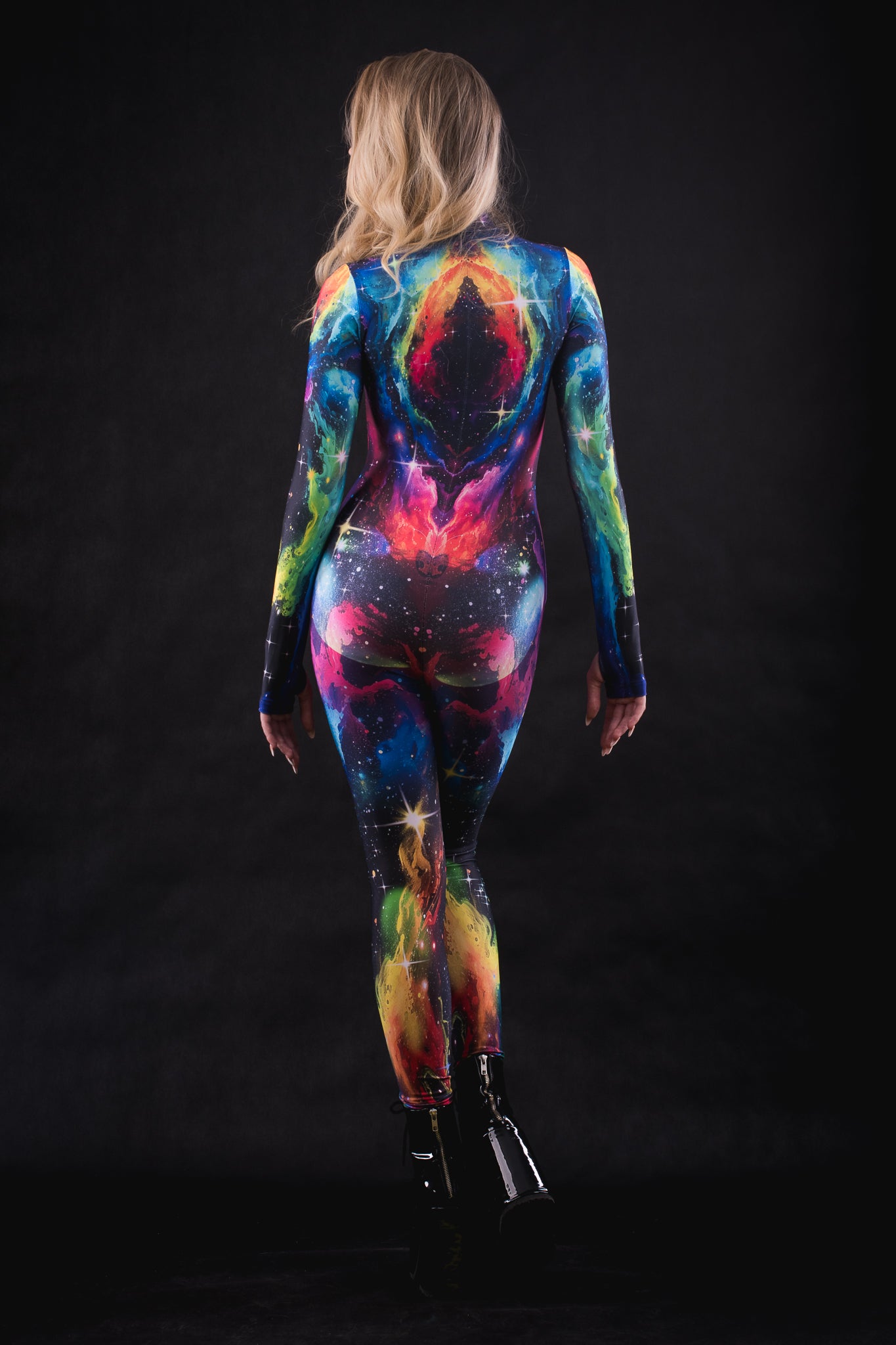 Rear view of Galaxy Explorer full body catsuit, displaying detailed cosmic print and tailored fit ideal for Halloween, cosplay, and festivals.