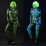 Woman wearing the Green Neon Spiderweb UV Reactive costume, a full-body suit with bright green spiderweb accents, perfect for Halloween parties or festivals.