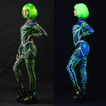 Woman posing in the Green Neon Spiderweb UV Reactive costume, showcasing the glowing green spiderweb pattern under UV light, ideal for Halloween or as a rave outfit.