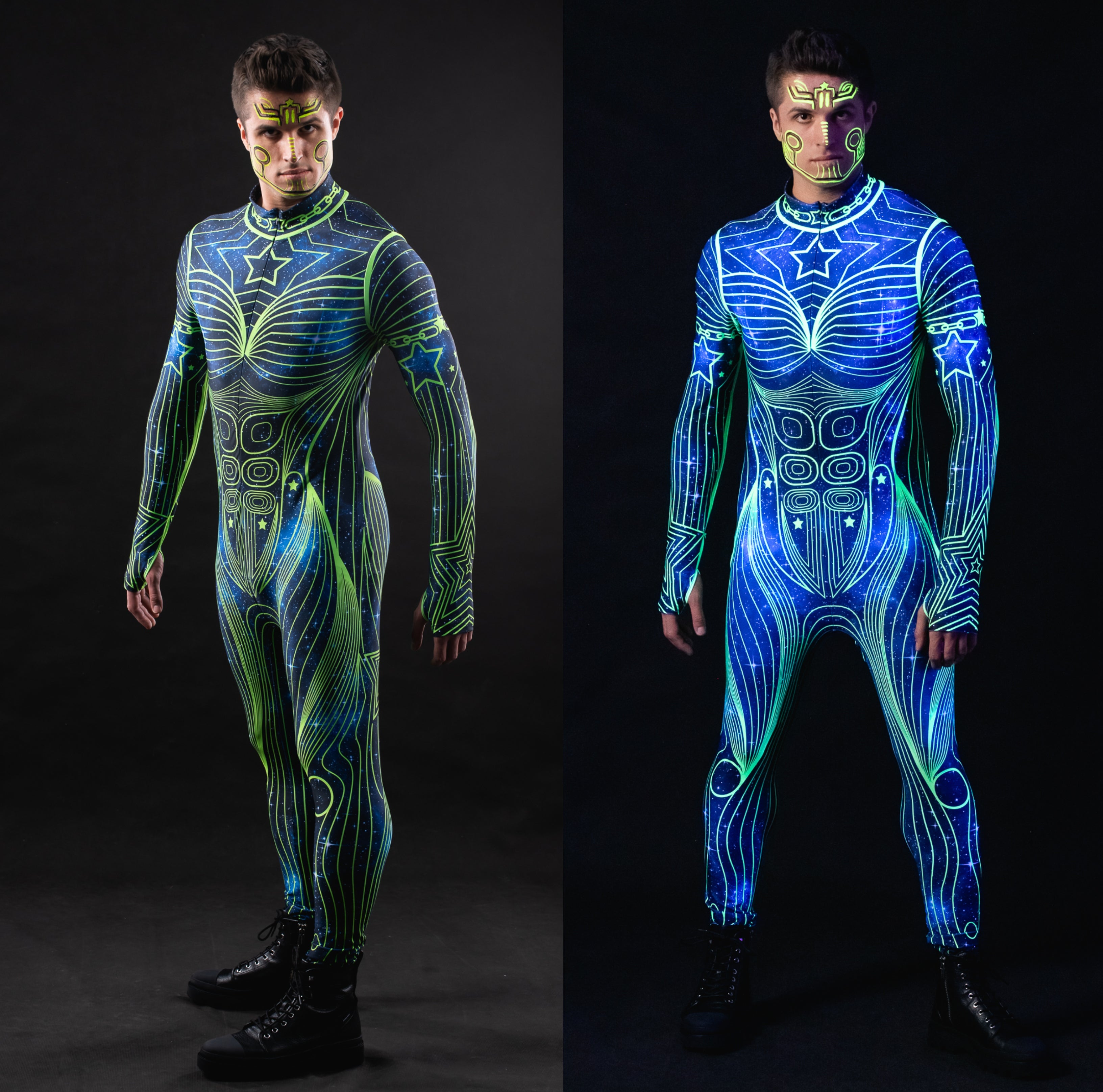 Man posing in the Neon Cosmic Outline UV Reactive costume, highlighting the UV-reactive cosmic outline design, great for raves, festivals, or as a unique Halloween outfit.