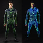 Man wearing the Neon Outline UV Reactive costume, a vibrant suit with UV glow accents, perfect for festivals or Halloween parties.