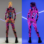 Back view collage of the Neon Flowers UV Reactive Catsuit – bold floral print and feminine fit with a glowing twist under blacklight.