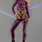 Front view of the Neon Flowers Catsuit in daylight – colorful, detailed neon flower print that pops even without UV light.