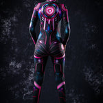 Back view of Pink Cyber Hero full body catsuit, displaying sleek design and cyber-inspired details ideal for Halloween and sci-fi parties.