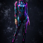 Woman wearing Pink Cyber Hero full body catsuit, showcasing sleek cyberpunk design and bold futuristic style perfect for cosplay and Halloween.