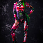Woman wearing a red full-body android robot costume in a dynamic pose with a bent knee and hands resting on her body and knee, highlighting the suit’s flexibility and detailed cyberpunk design.