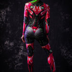 Rear view of a woman in a red cyborg full body catsuit with a slight torso twist, showcasing the costume’s form-fitting design and intricate futuristic details.