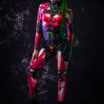 Profile shot of a red cyborg-inspired full body catsuit costume highlighting sleek design and intricate robotic details.