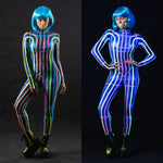 Woman wearing the Space Lines UV Reactive costume, a full-body suit with glowing space line accents, perfect for Halloween parties or festival events.