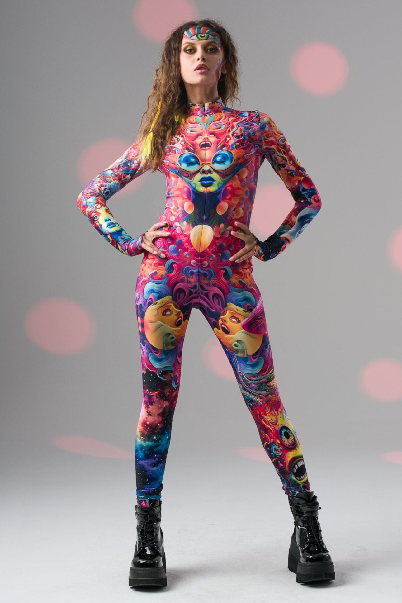 Front view of TRIPPY DREAM Catsuit, showcasing vibrant psychedelic colors and sleek full body fit perfect for festivals and cosplay.