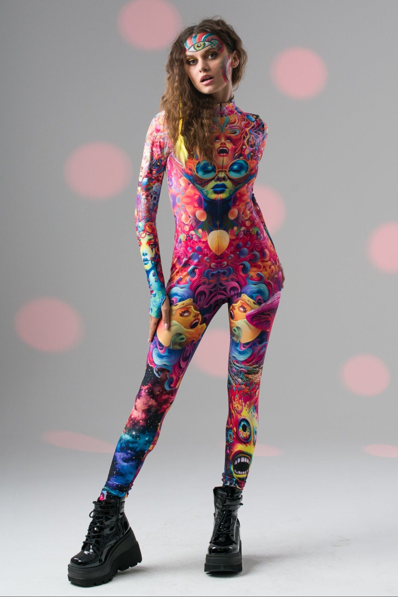 Dynamic front pose with leg forward in TRIPPY DREAM Catsuit, emphasizing bold colors and flexible, form-fitting design.