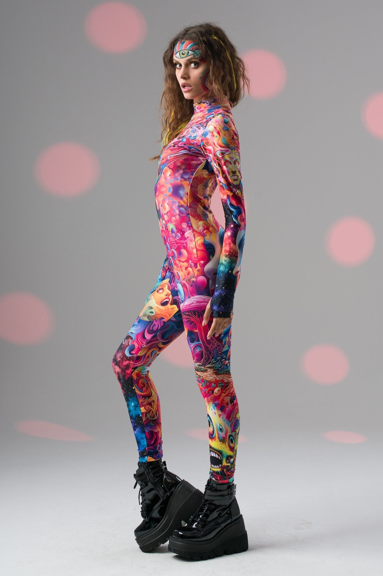 Side profile of TRIPPY DREAM Catsuit, showing off vibrant psychedelic patterns and sleek silhouette for cosplay and parties.