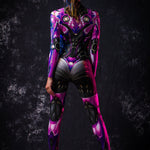 Rear view of a woman in a violet full body android catsuit costume, highlighting detailed design and comfortable fit for Halloween and cosplay.