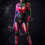 Energetic pose of a woman dressed in a red cyberpunk full-body robot catsuit costume, showcasing flexibility and style.