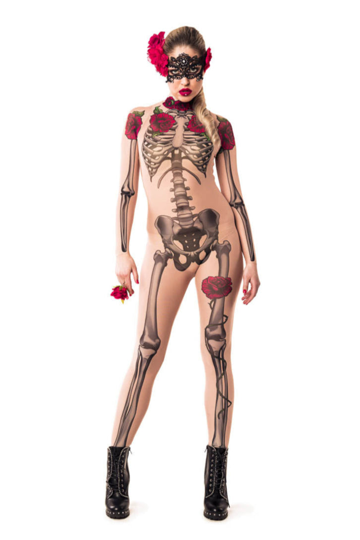 Front view of LADY DEATH Tattoo Skeleton Catsuit for Women – model posing confidently to emphasize bold style and power.