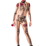 Full front view of LADY DEATH Tattoo Skeleton Catsuit for Women – showcasing the striking skeleton and rose tattoo design.