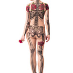 Full back view of LADY DEATH Tattoo Skeleton Catsuit for Women – revealing the detailed skeleton artwork along the spine.