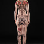Close-up of the skeleton and fake tattoo design on the mesh bodysuit and leggings set, ideal for a bold Halloween or festival look.